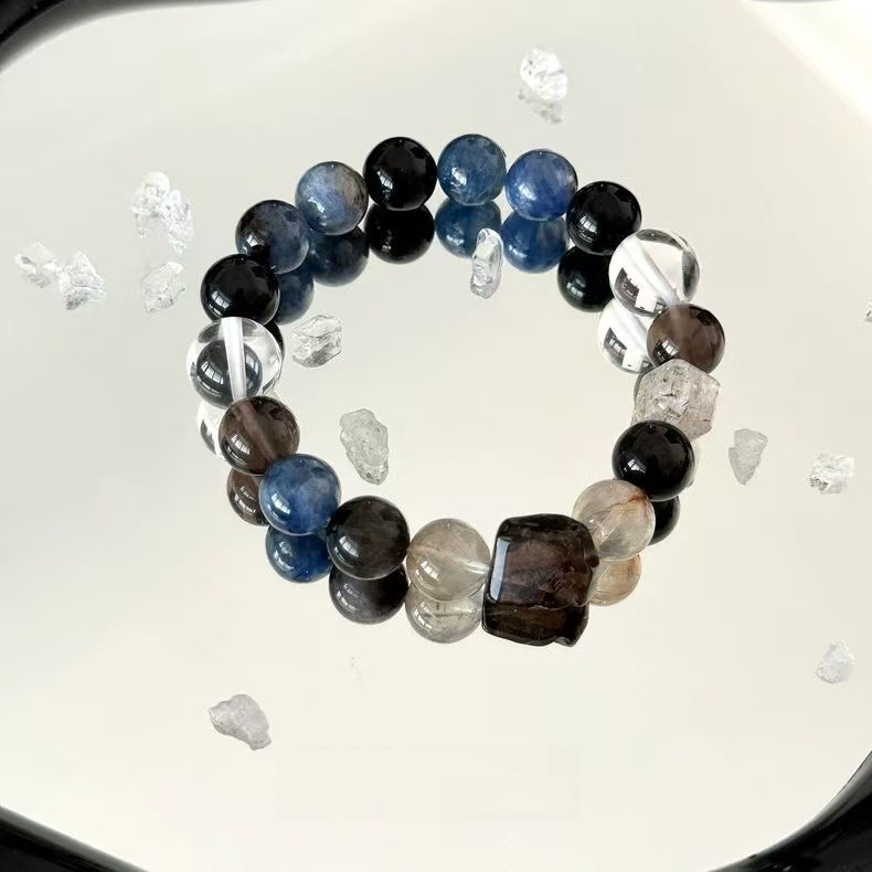 Natural Black Gold Super Seven  Smoky Quartz Bracelet Silver Obsidian Two Tone Beaded Chain Unisex Energy Jewelry