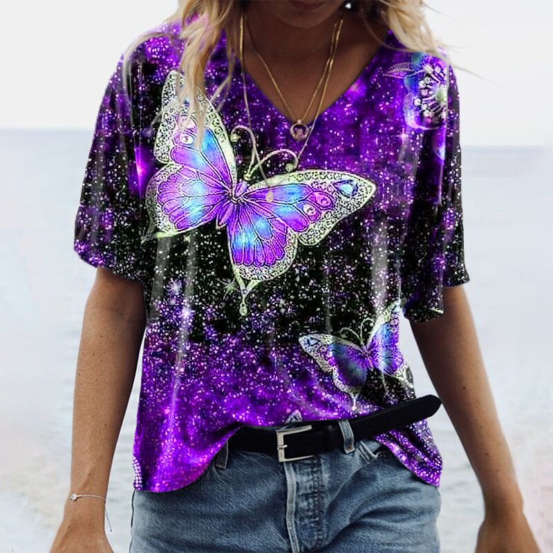 Title 2, Spring And Summer Short-sleeved Butterfly Print...