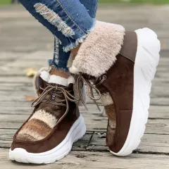 Lace-up Snow Boots Women's Fuzzy Mied-color Soft Sole Platform Thermal Lined Shoes Winter Non-slip Plush Boots - Brown - View 1