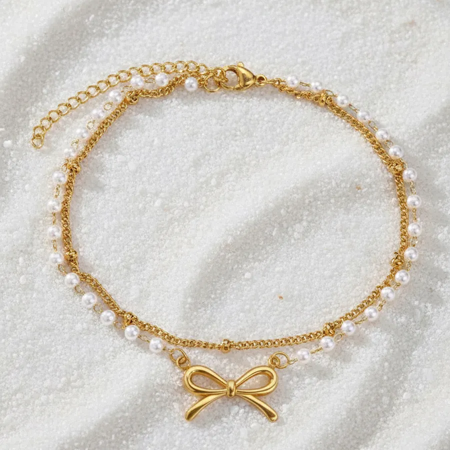 Women Double Layer Anklet Gold Tone Bow