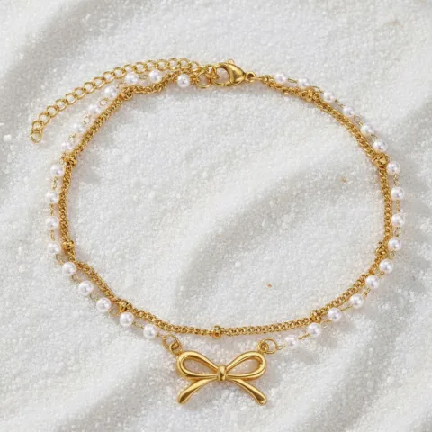 Women Double Layer Anklet Gold Tone Bow Knot Artificial