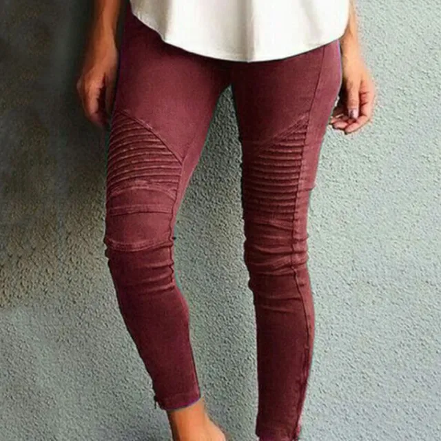 Women's Fashion Casual Skinny Pants Slim Fit Tight Elastic Pants Claret - Shop at LoveMi