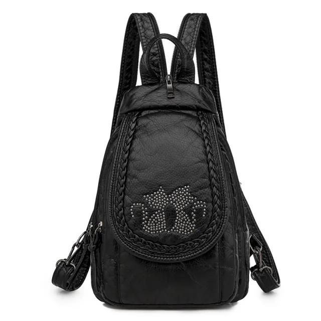 Ladies Washed Leather Backpack Fashion Embroidered Rivet Small Red - Shop at LoveMi