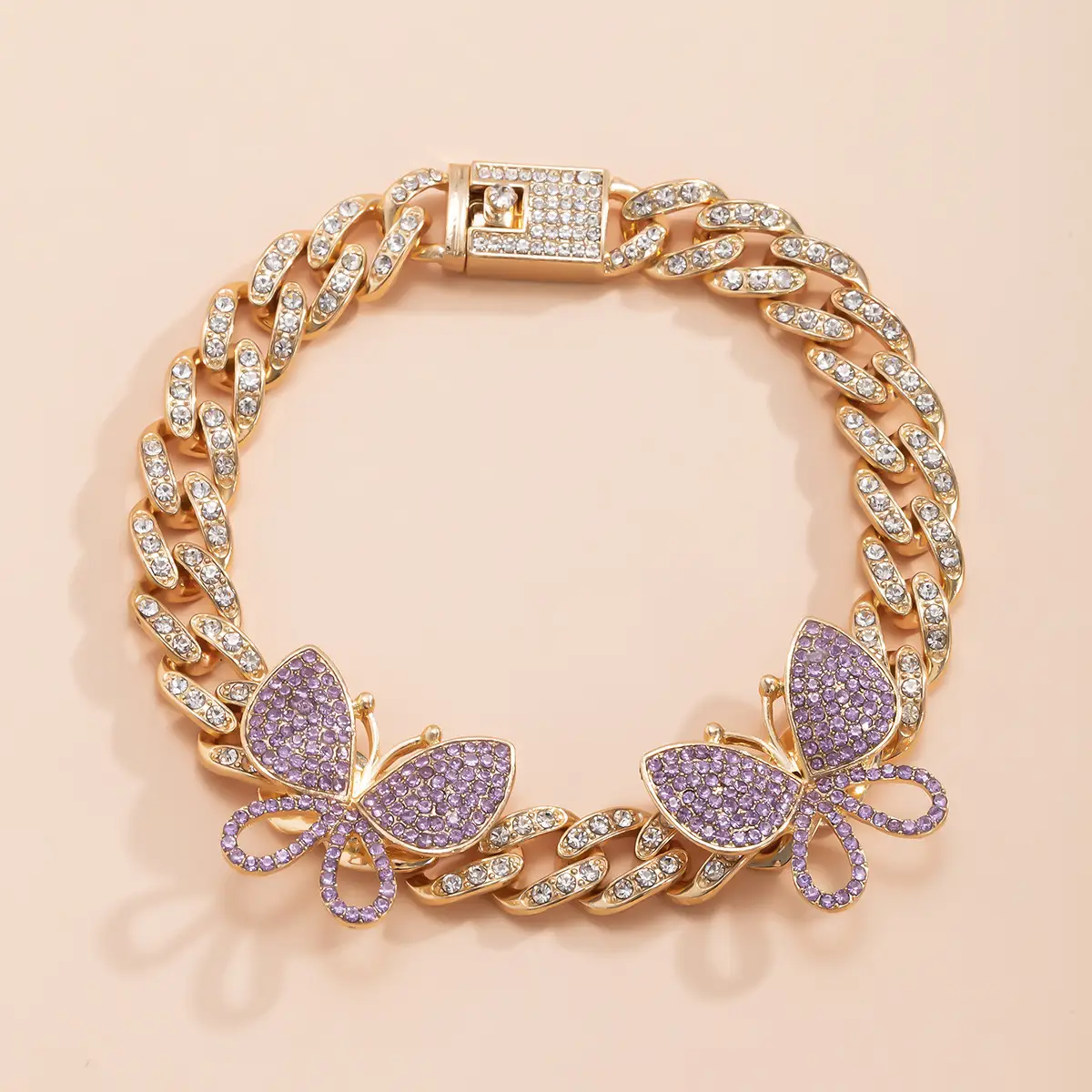 Temperament Retro Cuban Buckle Butterfly Anklet, Hip-hop Trend Exaggerated Diamond-studded Anklet