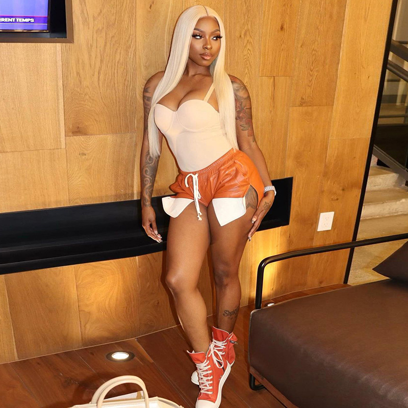 Women's Fashion Contrast Color Faux Leather Lace Up High Waist Pack Hip Tight Casual Shorts Orange - Shop at LoveMi