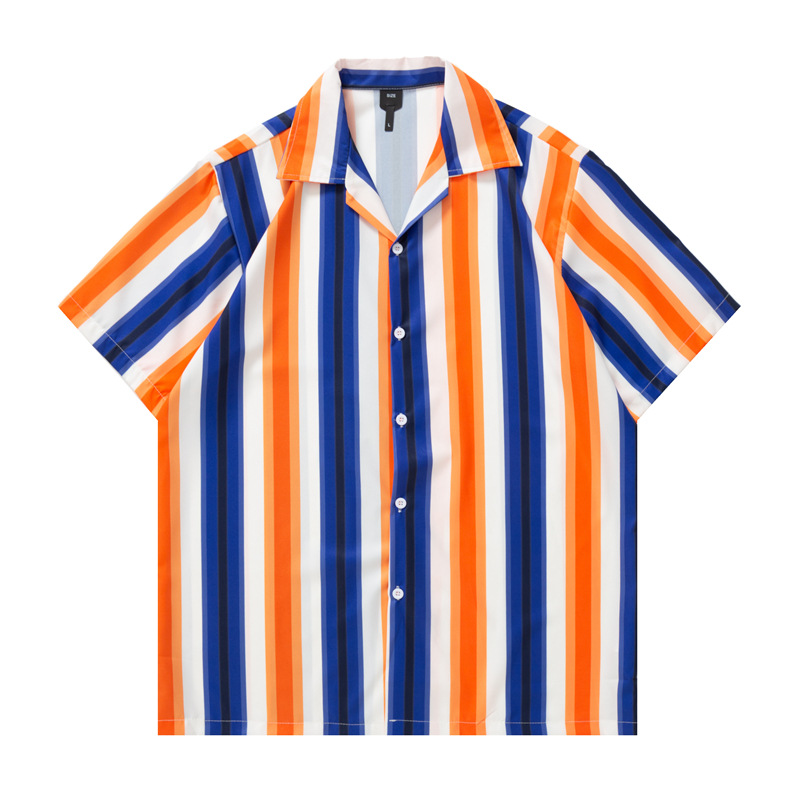 Men's Geometric Stitching Contrast Color Striped Short-sleeved Shirt