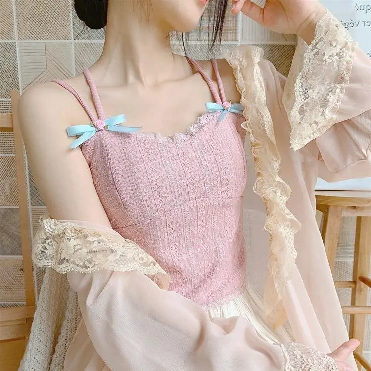 Sweet Temperament Bow Soft Lace Corset Camisole Women - Pink