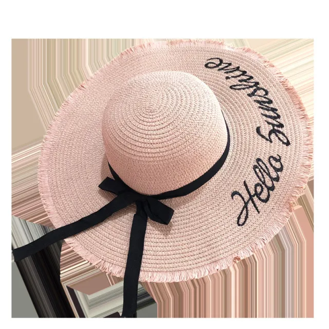 Women Lace Up Large Brim Straw Hat Beach Caps Light Pink - Shop at LoveMi