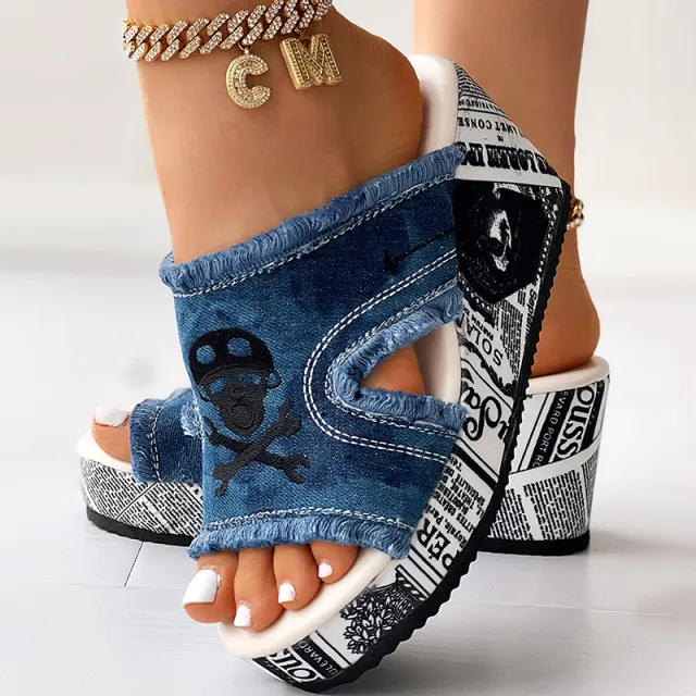 Newspaper Skull Original Hem Platform Wedge Slides Anklet Not Included Us 10 - Shop at LoveMi