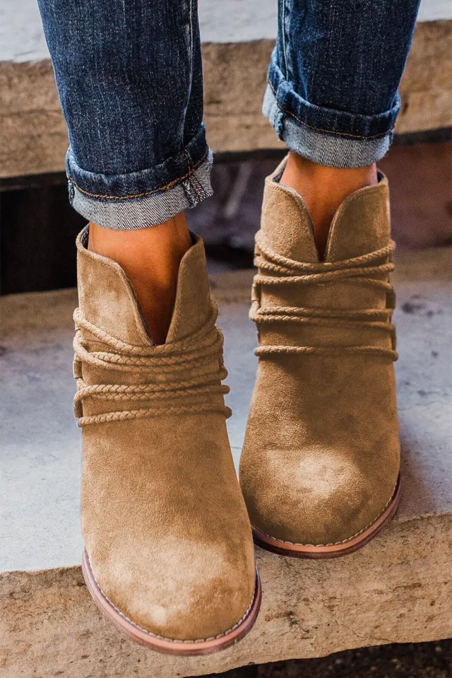 Retro V Cutout Shoes Women Chunky Ankle Boots Brown - Shop at LoveMi