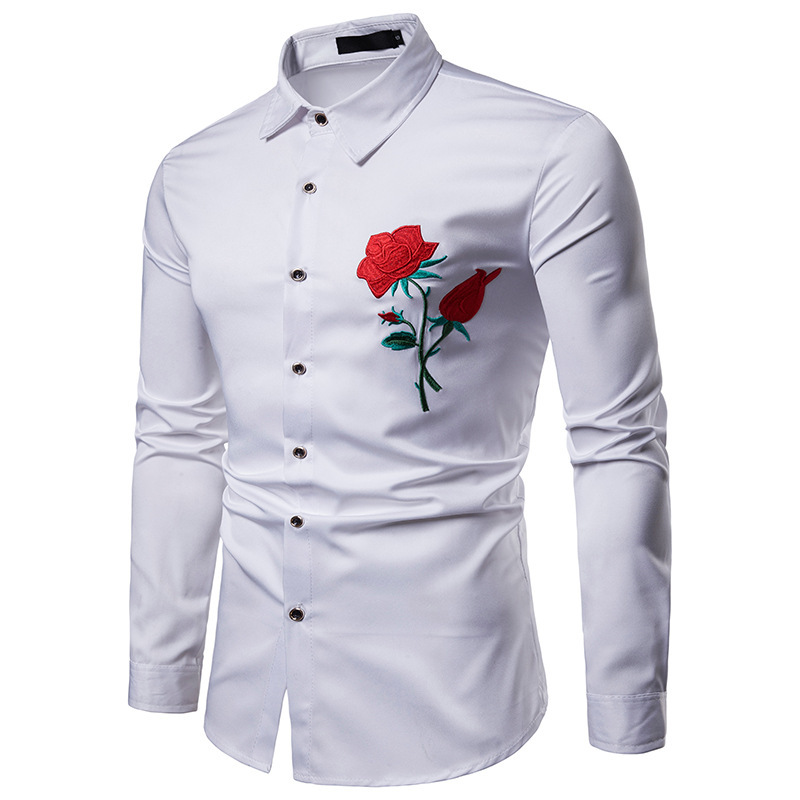 Men's Ethnic Style Rose Embroidered Lapel Large Size Long-sleeved Shirt AliExpress… — image 1