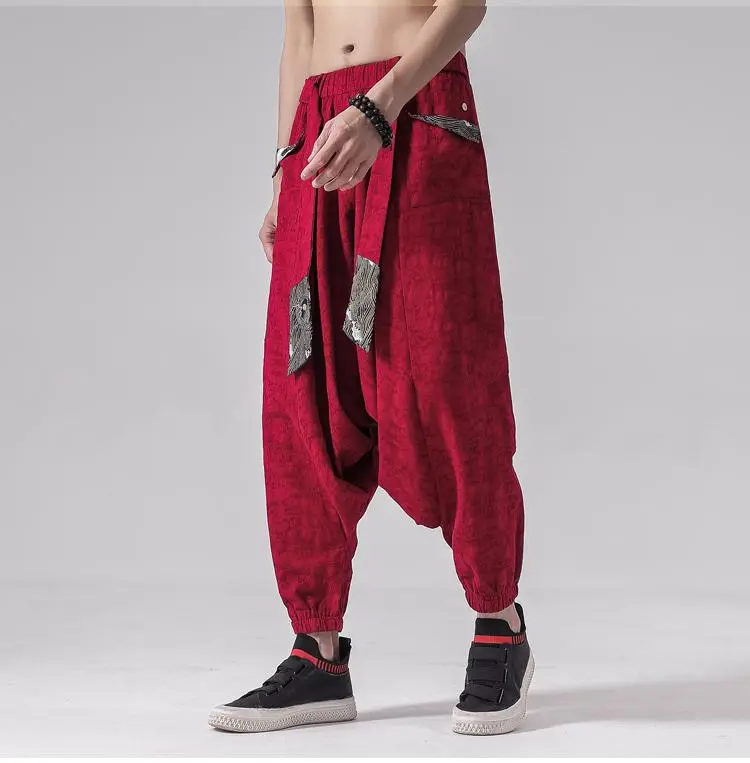 Cotton And Linen Baggy Pants With Stitching Belt