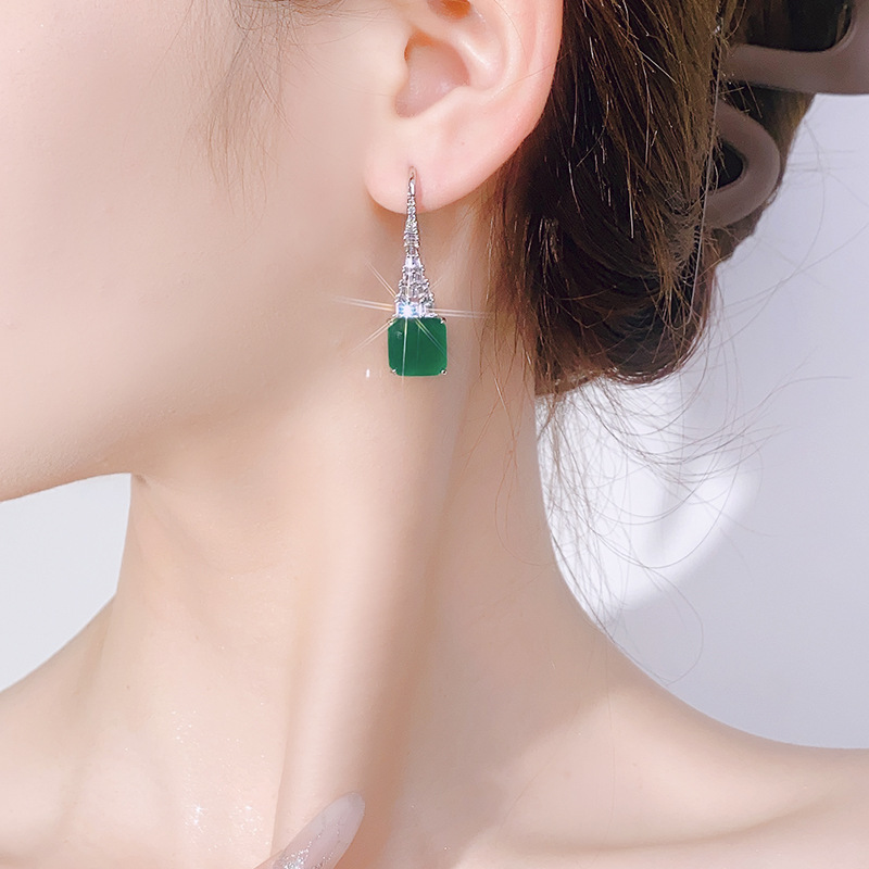 Minimalist Light Luxury Drop Hook Earrings For Women, Square Cut Emerald Tone Simulated Zirconia Paved Rhinestone Silver Tone Long Dangle Ear Jewelry Elegant Daily Party Accessories