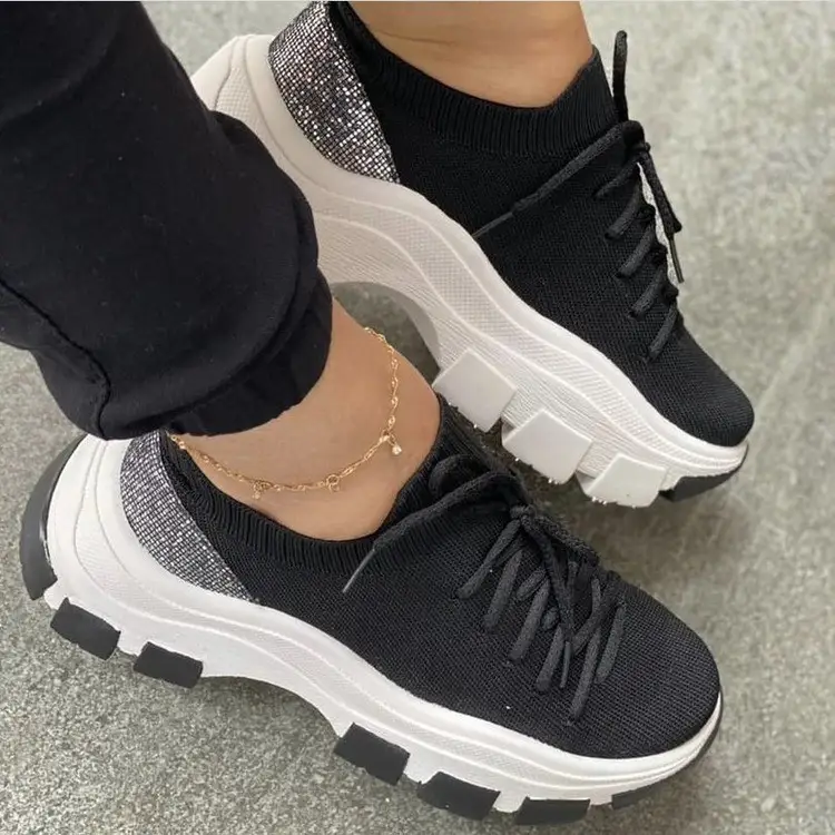 Wedge-heel Flying Knit Color-block Lace-up Sneakers