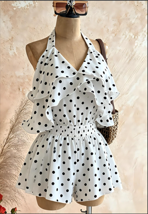 Halter V Neck Ruffle Polka Dot Elastic Waist Romper Shorts