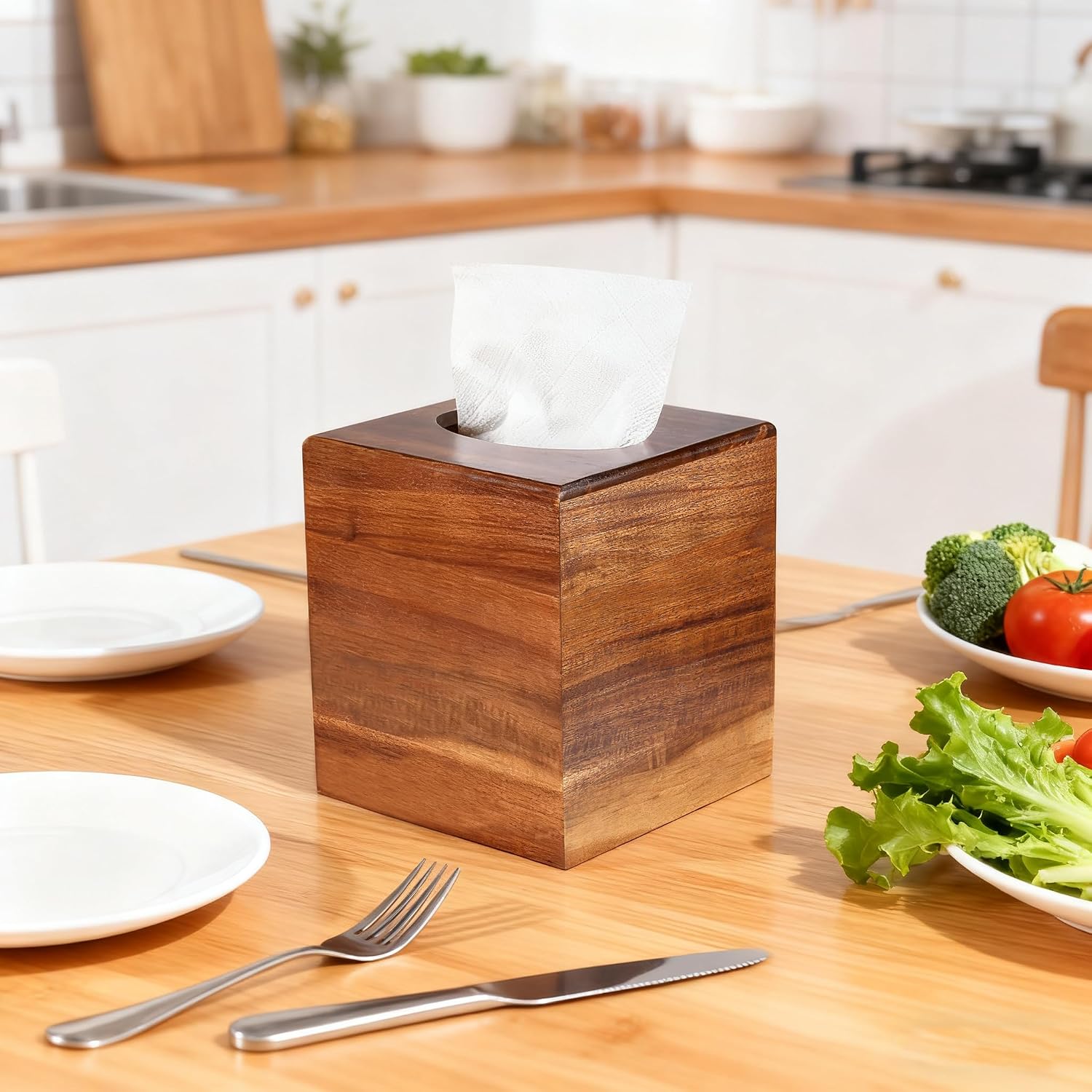 Acacia Wood Tissue Box Cover, Square Decorative Tissue Holder For Bathroom, Bedroom, Living Room, Office And Home Decor 2