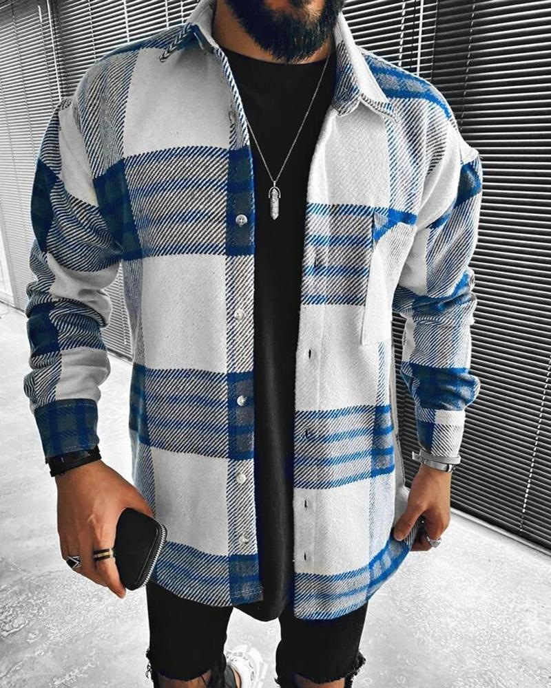 Long-sleeved Blue And White Checked Long-sleeved Shirt Casual Stand-