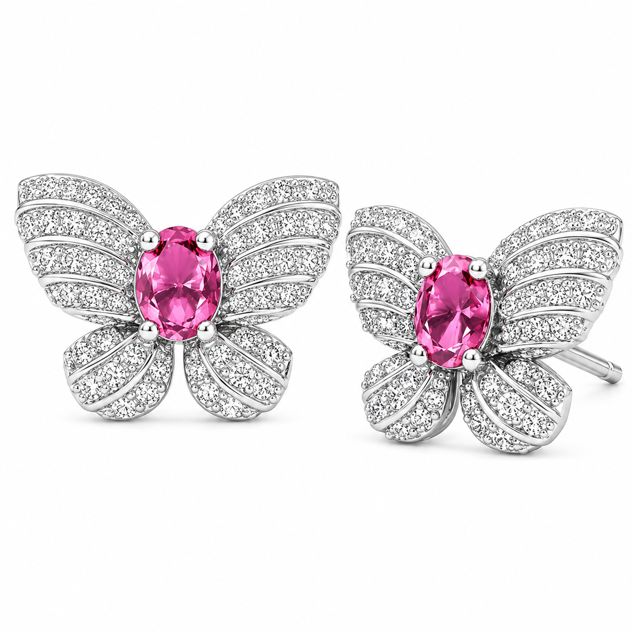 Oval Pink Crystal Butterfly Stud Earrings