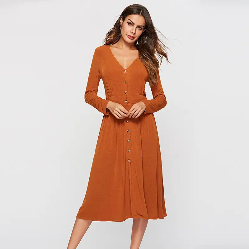 Sexy Deep V-neck Long Button Long Sleeve Dress