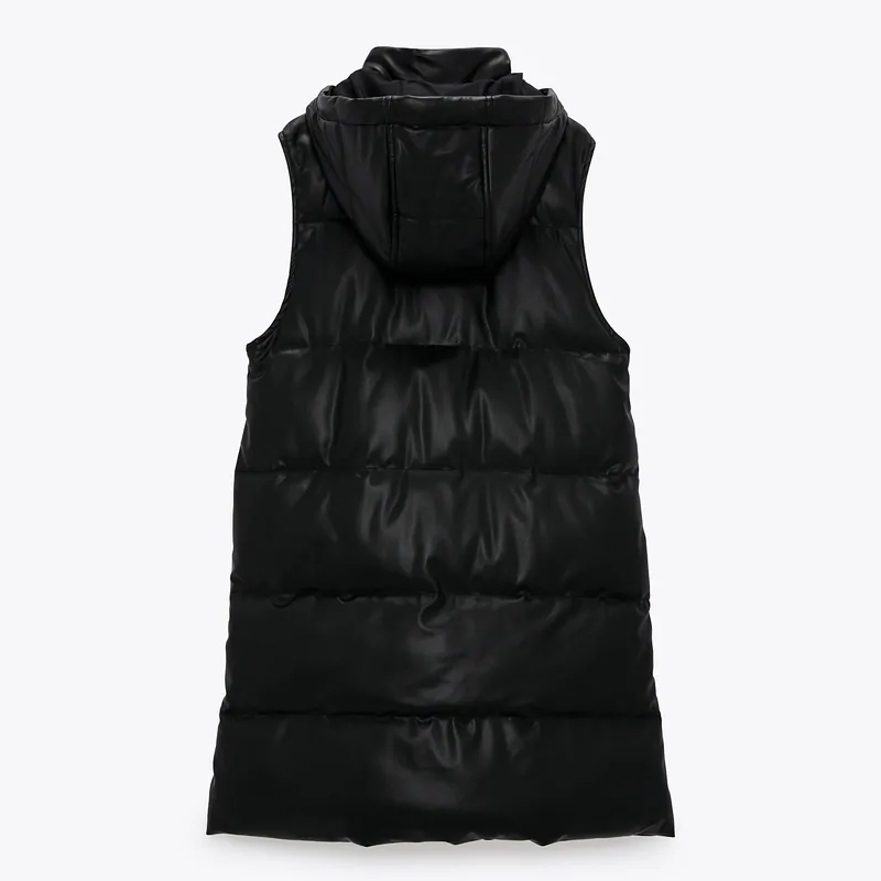 Pure Color Black Hooded Vest Women's Fashion Zipper PU