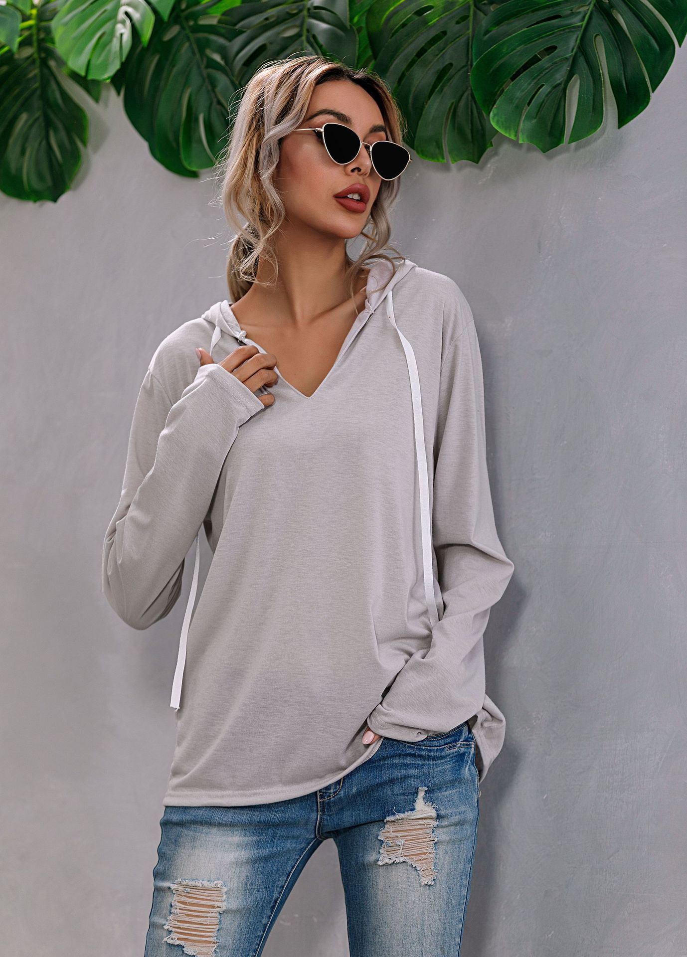 Title 7, Drawstring V-neck Fleece Bottoming Shirt Hooded...