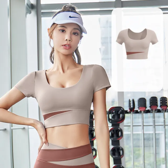Women's Patchwork Contrast Sports Fitness Bra Leggings Set Grey Short Sleev - Shop at LoveMi