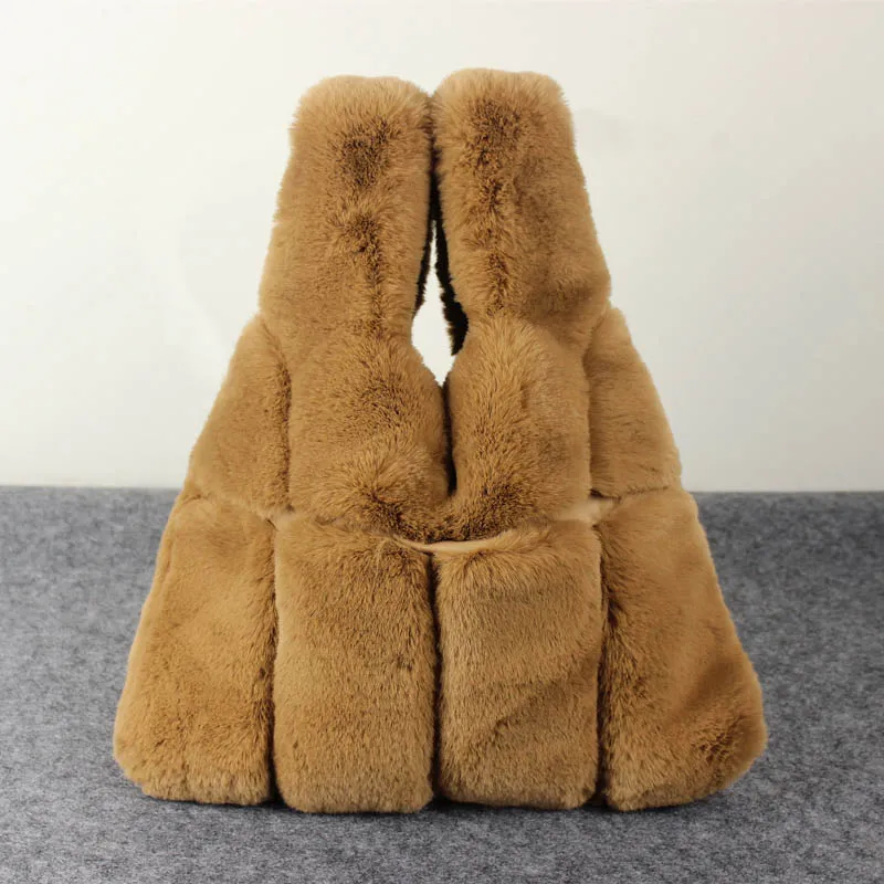 Girls Artificial Rex Rabbit Fur Tote Bag - Brown