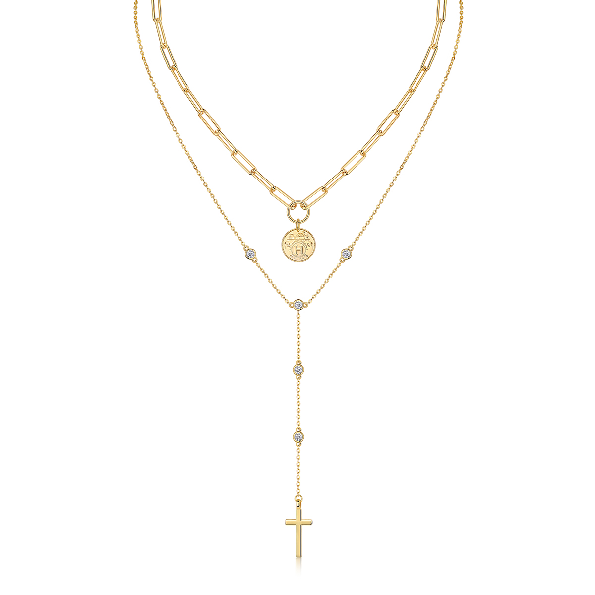 S925 Sterling Silver 0.1ct Moissanite Layered Necklace 14.4g Cross Coin Pendant Y-Necklace 40cm Gold Plated GRA Certified Gift Box