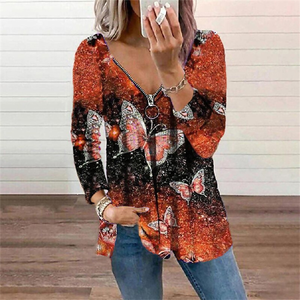 Title 3, Butterfly Print V Neck Long Sleeve Loose Casual...