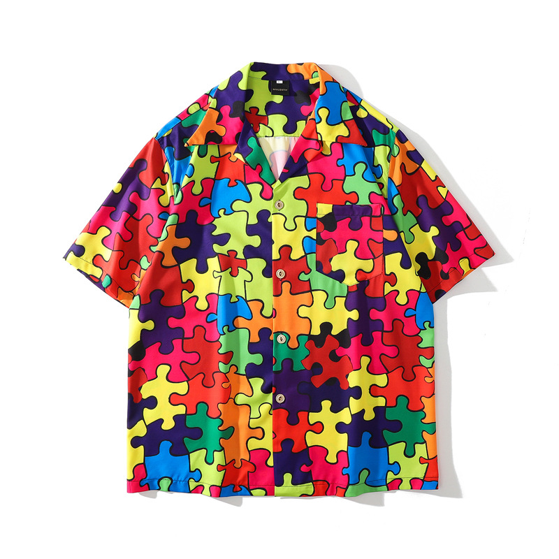 Retro Puzzle Color Print Short-sleeved Shirt