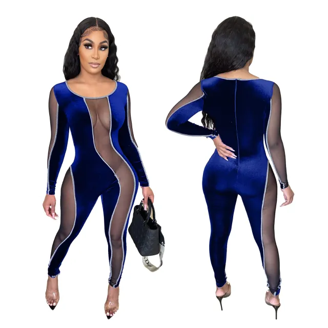 Women's Mesh Stitching Sexy Slim fit Jumpsuit Royal - Shop at LoveMi