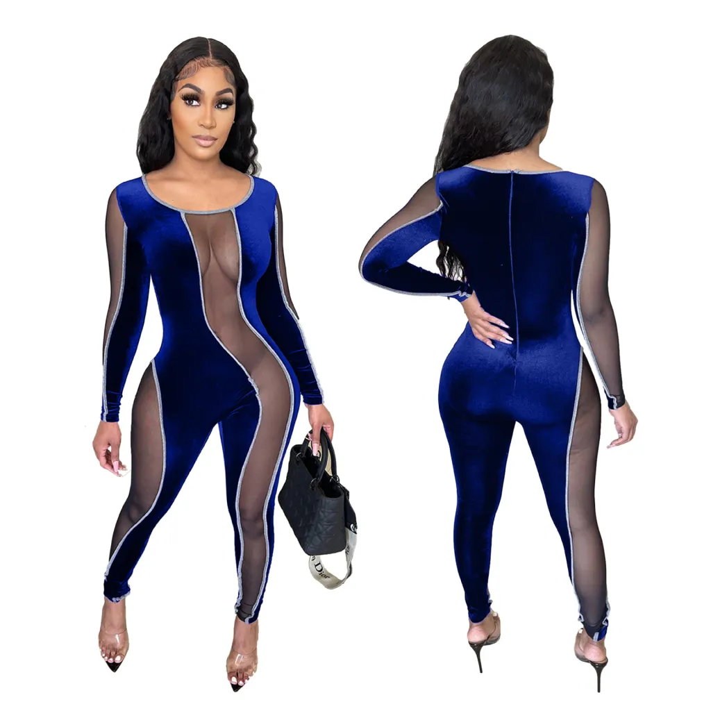 Women's Mesh Stitching Sexy Slim-fit Jumpsuit - Royal