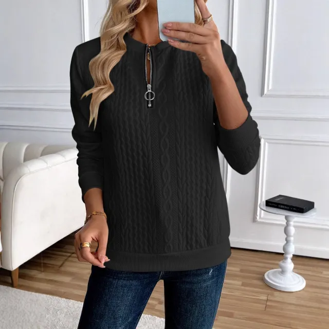Women's Loose Casual Pullover Half Zipper Long Sleeve Solid Color Texture Round Neck Hoodie For Women Black - Shop at LoveMi