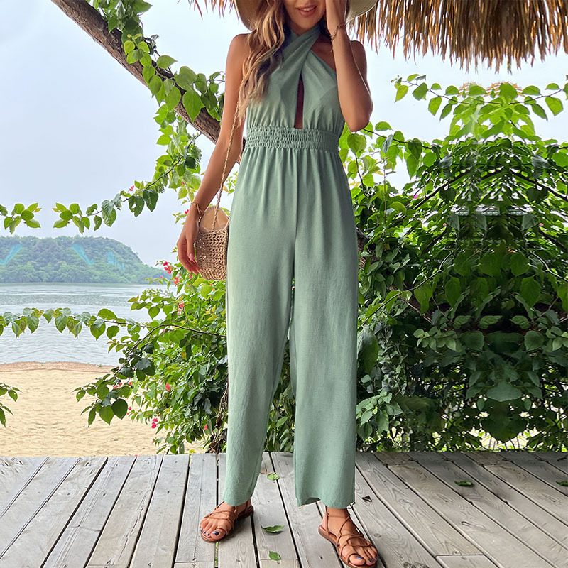 Cross-Tie Backless Solid Cropped Jumpsuit
