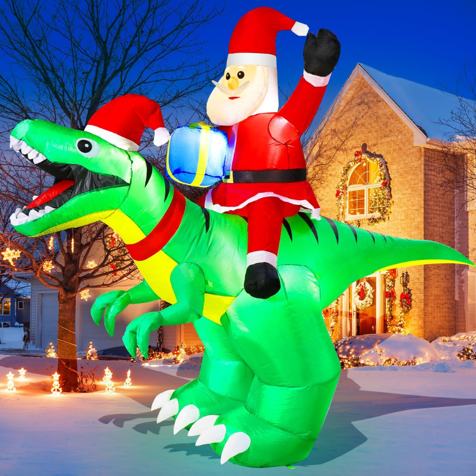 9x7FT Christmas Inflatables Santa Ride On Dinosaur With LED Outdoor Christmas Dinosaur Inflatable Blow Up Yard Decorations With Sandbags Stakes Strings For Garden Decor