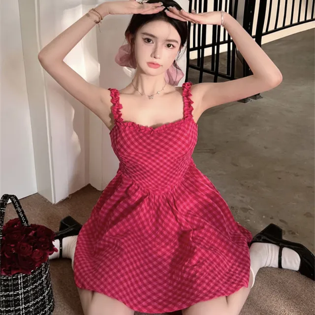 Women's Summer Plaid Fungus Suspender Dress Raspberry Plaid - Shop at LoveMi