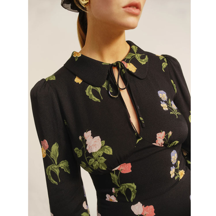 French Vintage Print Long Sleeve Dress