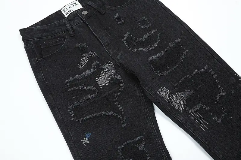 Europe And America Irregular Hole Patch Embroidered Casual Jeans