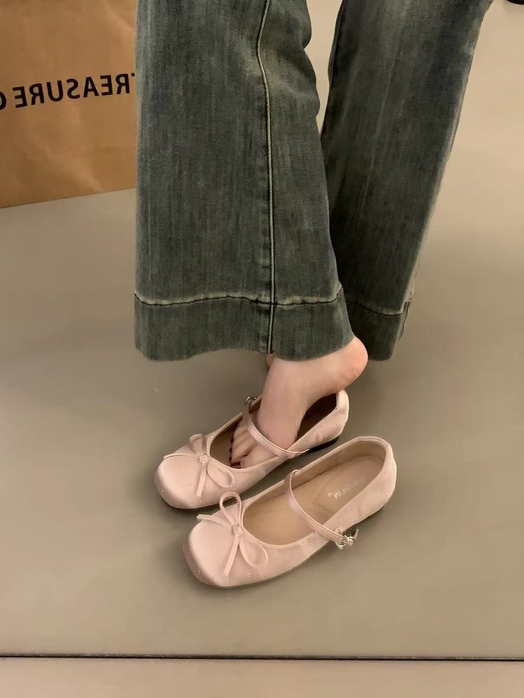 Women's Platform Ballet Mary Janes, New Satin Bow French Shallow Mouth Flat Shoes product image