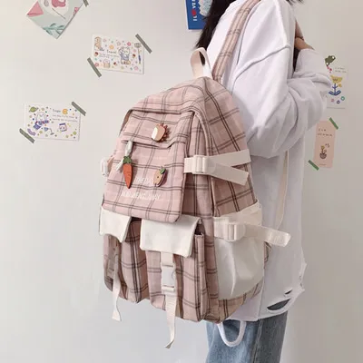 Large Capacity Korean Lovely Girl Backpack Student Schoolbag Japanese Canvas Preppy Style Plaid Travel Bag Women Pink - Shop at LoveMi