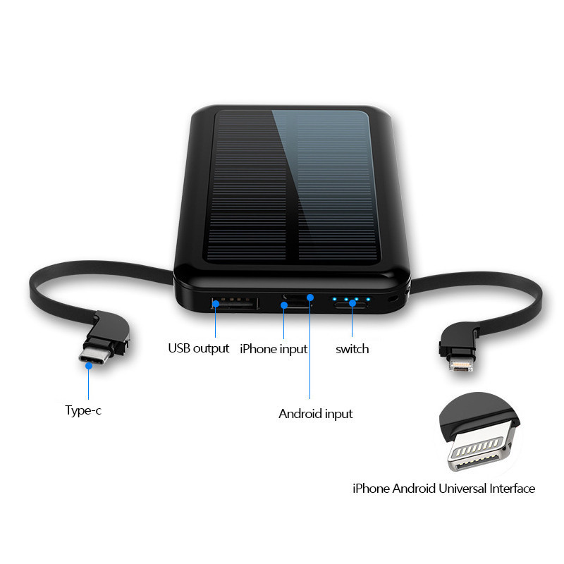 Square Aluminum Shell Solar Power Bank With Cable - Image 3