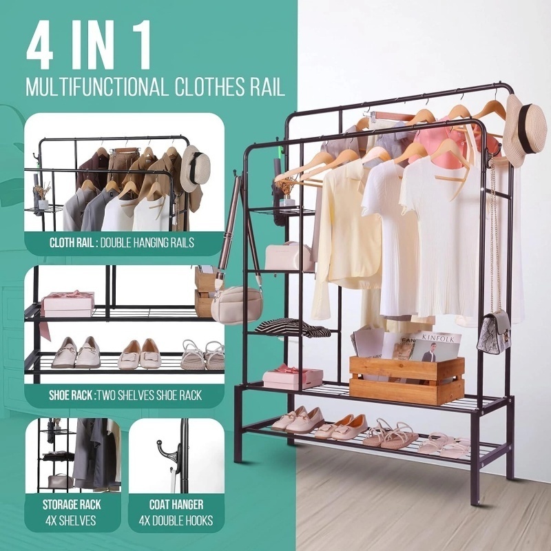 Heavy Duty Clothes Rail Load Sturdy Clothes Rack With Shelfs & Shoe Rack 6