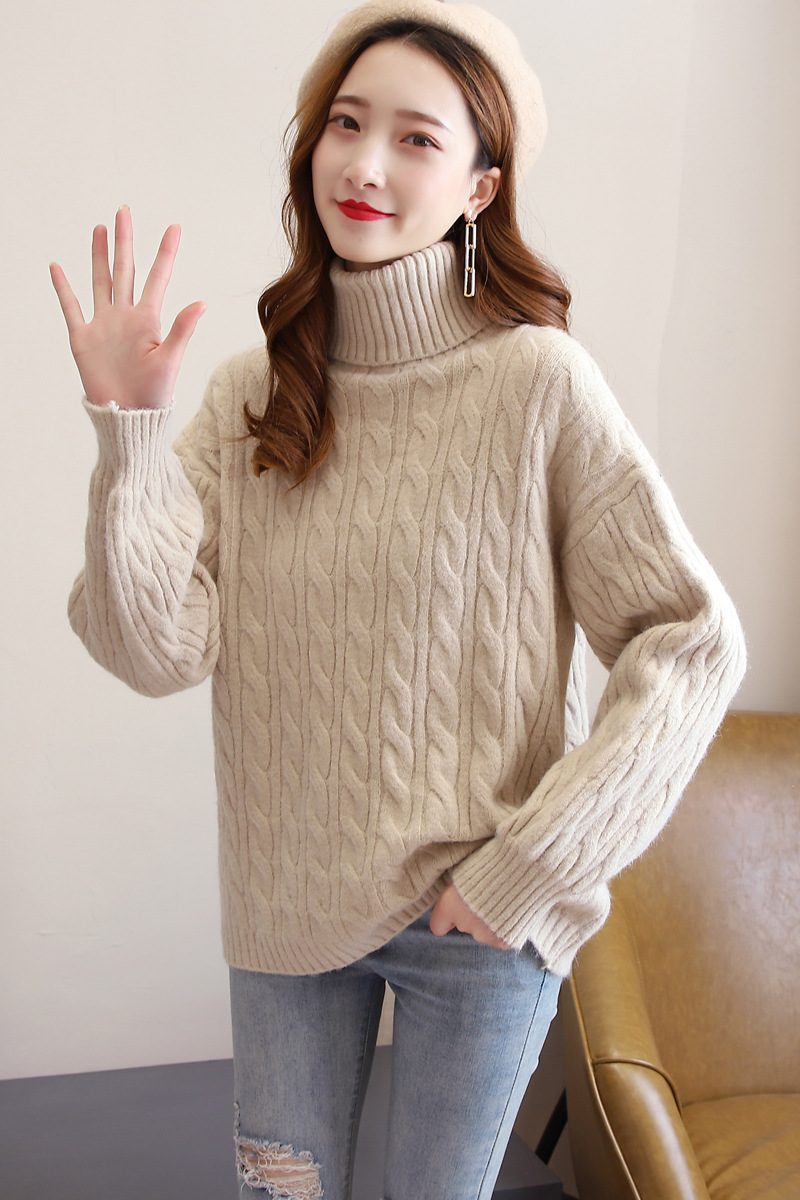 Outer Wear Retro Loose Solid Color Lazy Wind Twist Thick Turtleneck Sweater Women