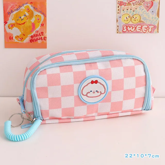Japanese Simple Large capacity Checkerboard Pencil Case Pink - Shop at LoveMi