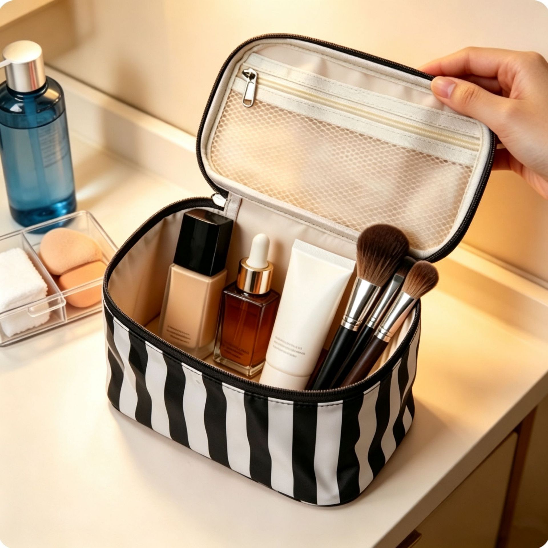 Makeup Bag With High Aesthetic Value And Large Capacity Makeup Storage Box - Black And White Striped Design