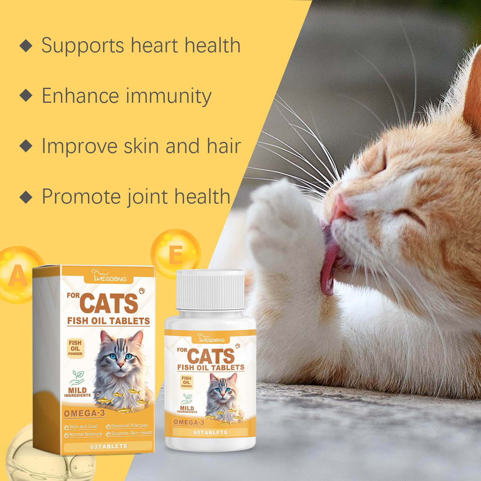 Cat 3 Fish Oil Tablets, Multivitamin Skin & Coat Supplement For Cats, Support Immune, Heart & Bone Health, 60 Chewable Tablets — foto 9