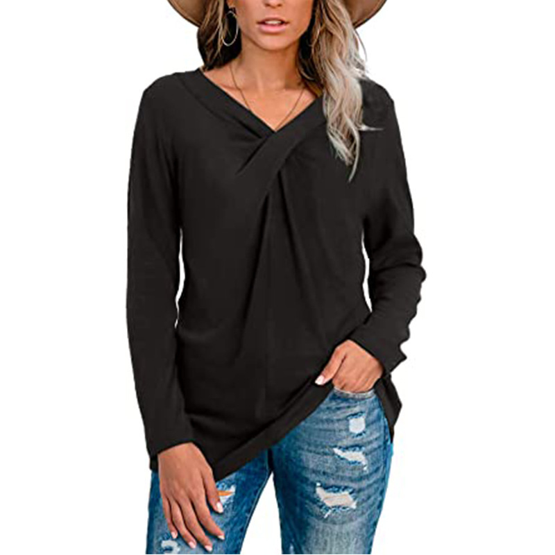 New V-Neck Long Sleeve Neck Twist Casual T-Shirt