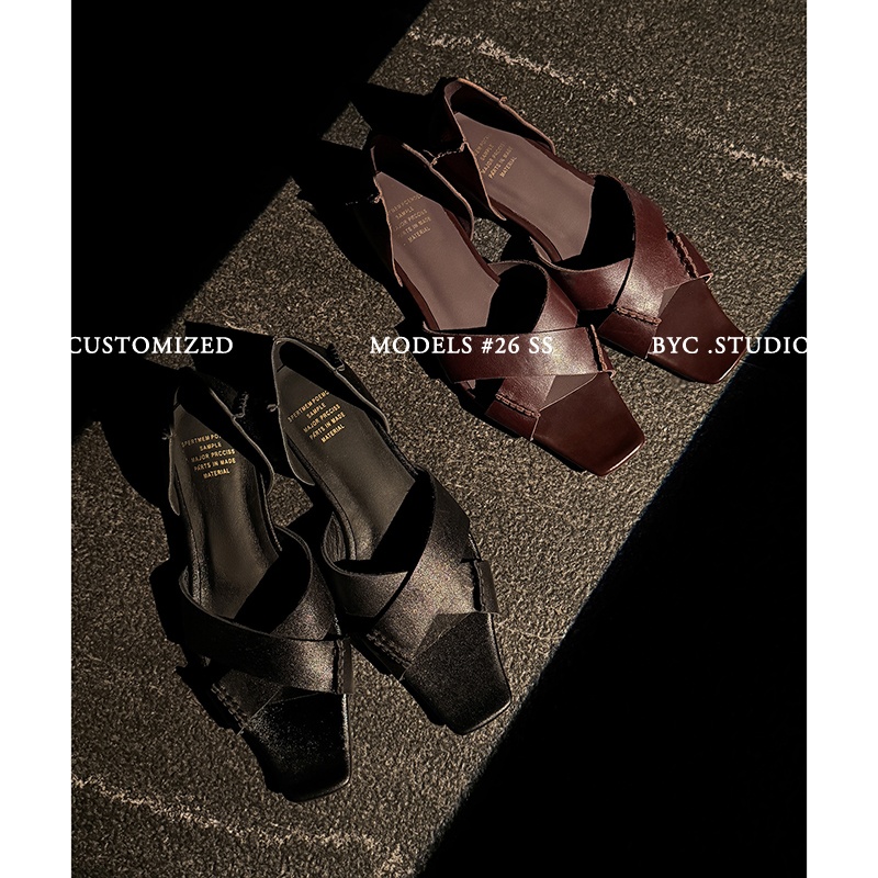 Handmade crisscross flat leather sandals black — Sarah Express