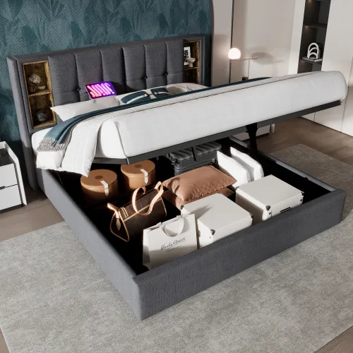 Upholstered Double Bed 150 X 200cm With Wireless Charging USB Tyep-C, Hydraulic Storage Bed With Hydraulic Lever, Linen Fabric 5FT King Size Bed Frame With Large Storage Space,Grey No Mattress