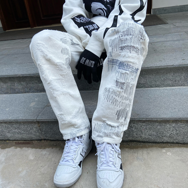 Women's Ripped Personality Knife Cut Loose Straight Jeans